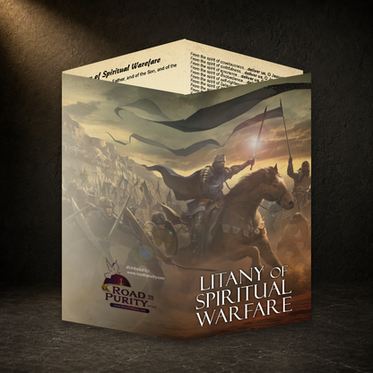 Litany of Spiritual Warfare prayer card in a dark premium devotional setting