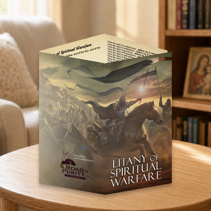 Litany of Spiritual Warfare prayer card displayed in a warm Catholic reading area