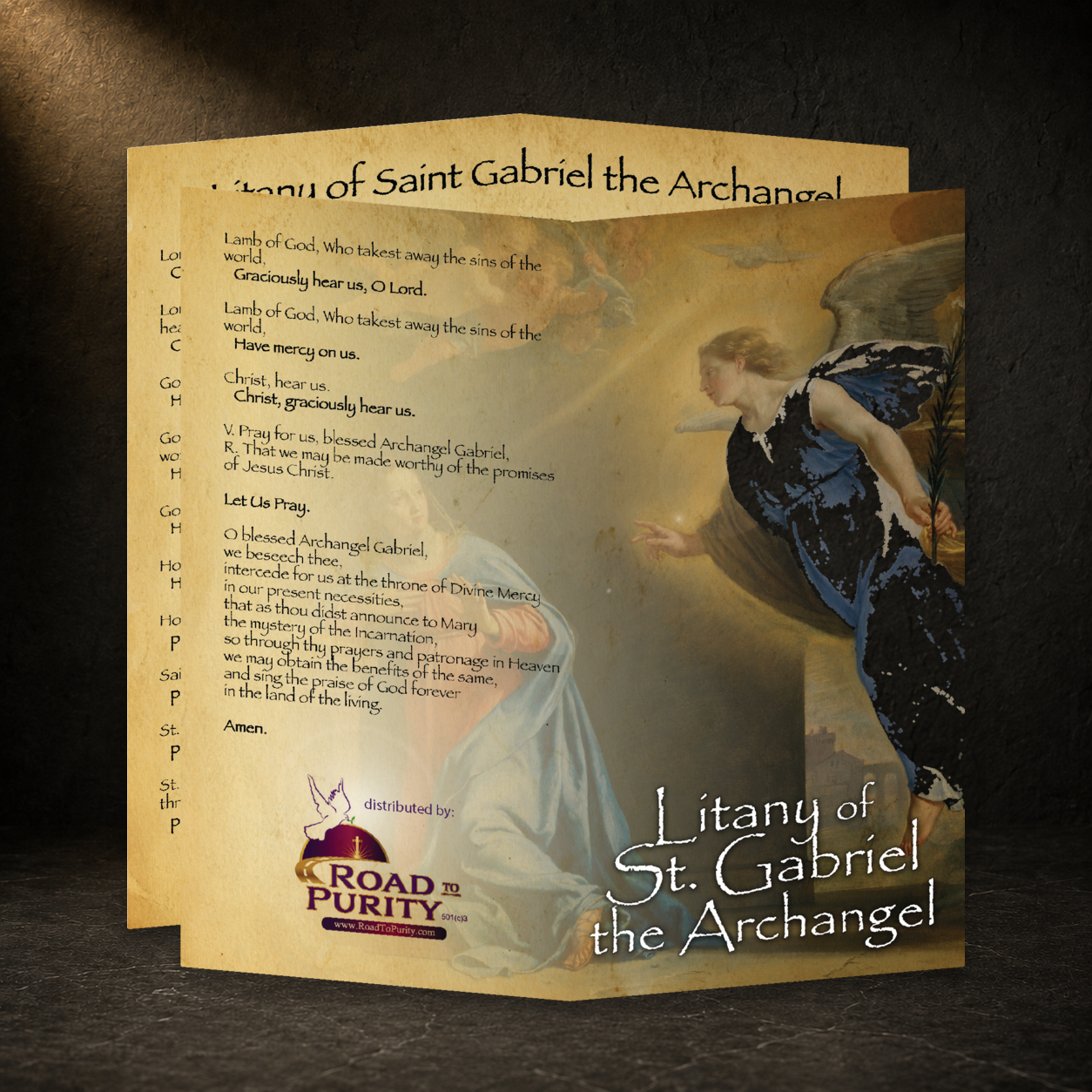 Litany of St Gabriel the Archangel prayer card in a dark premium devotional setting