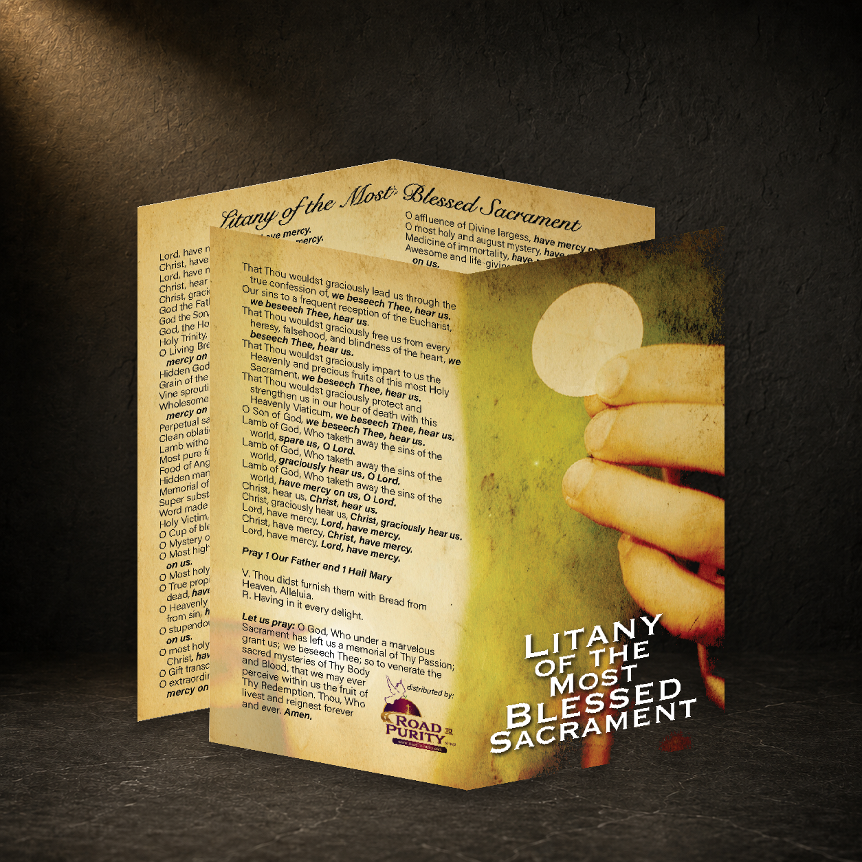 Litany of the Most Blessed Sacrament prayer card in a dark premium devotional setting