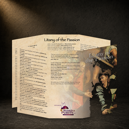 Litany of the Passion prayer card in a dark premium devotional setting