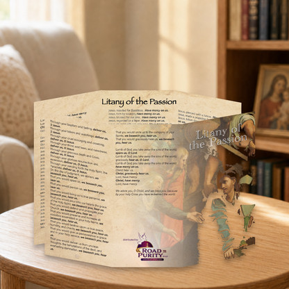 Litany of the Passion prayer card displayed in a warm Catholic reading area