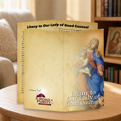 Litany to Our Lady of Good Counsel prayer card displayed in a warm Catholic reading area
