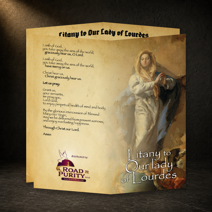 Litany to Our Lady of Lourdes prayer card in a dark premium devotional setting
