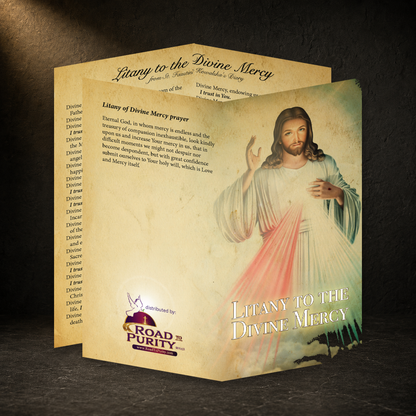 Litany to the Divine Mercy prayer card in a dark premium devotional setting