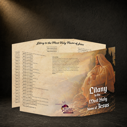 Litany to the Most Holy Name of Jesus prayer card in a dark premium devotional setting
