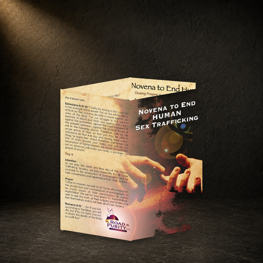 Novena to End Human Sex Trafficking prayer card in a dark premium devotional setting
