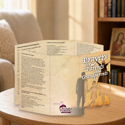 Prayers for Parents and Grandparents prayer card displayed in a warm Catholic reading area