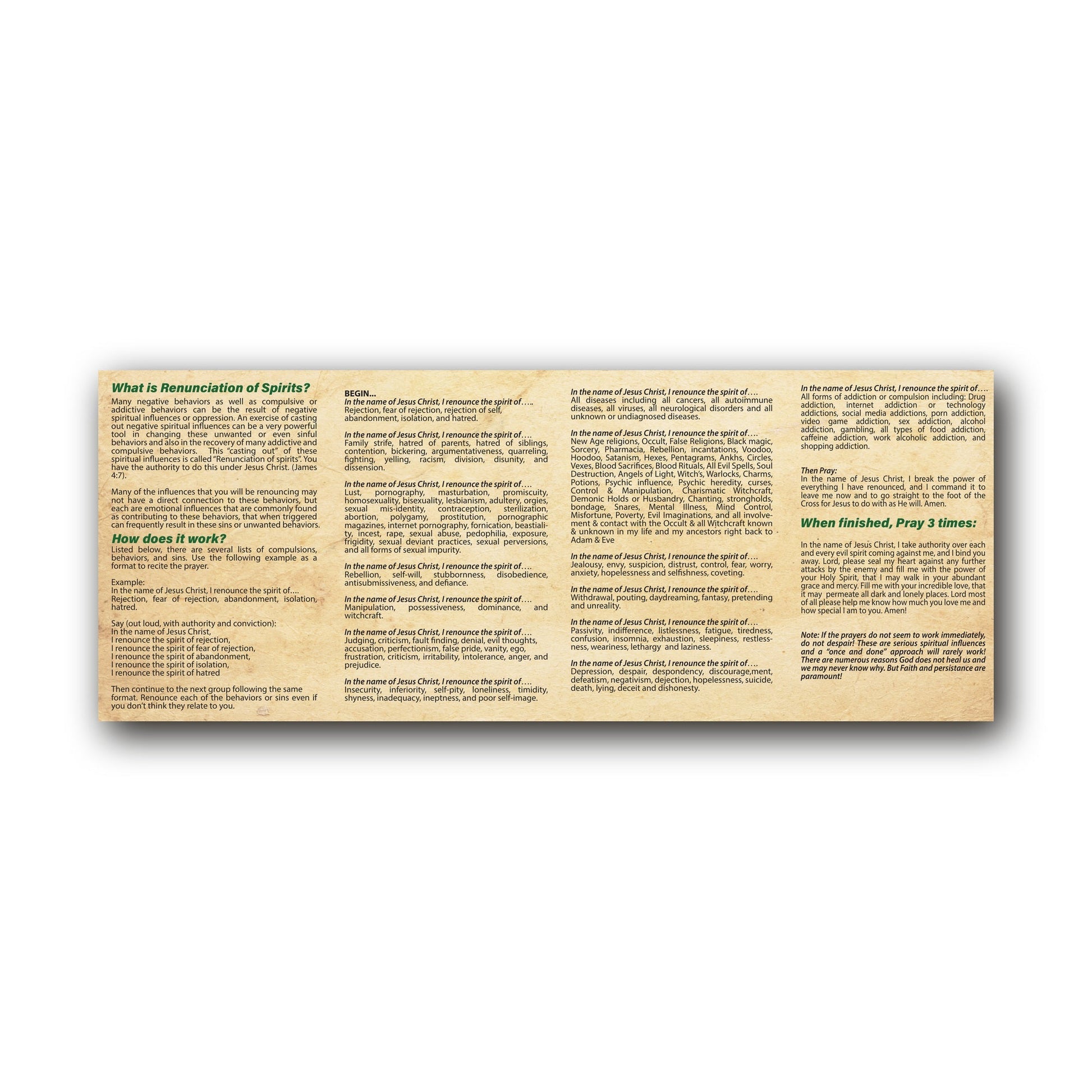 NEW! Renunciation of Spirits and Soul Ties - Prayer Card / 3" x 6" folded — inside