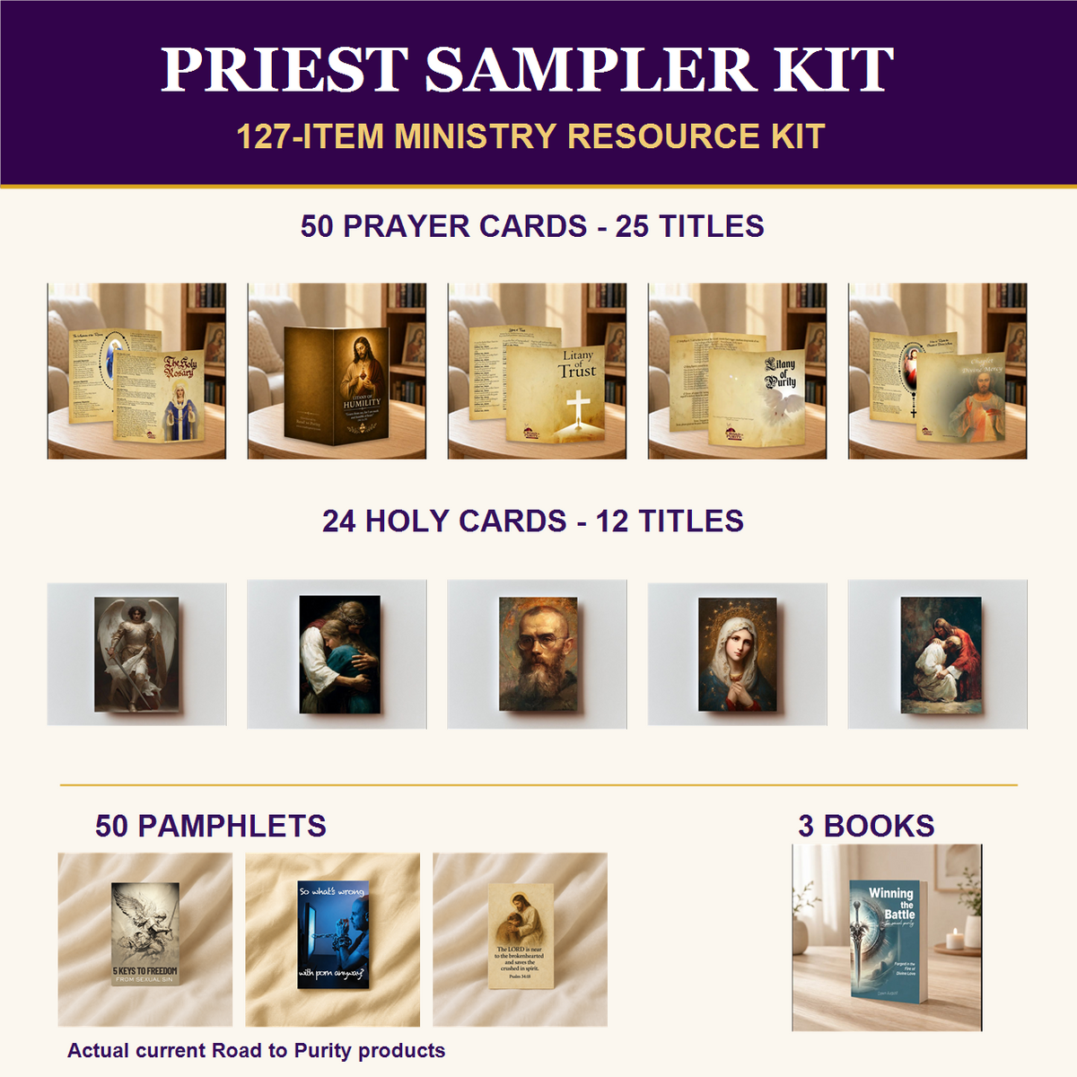 Priest Sampler Kit with current Road to Purity prayer cards, holy cards, pamphlets, and books