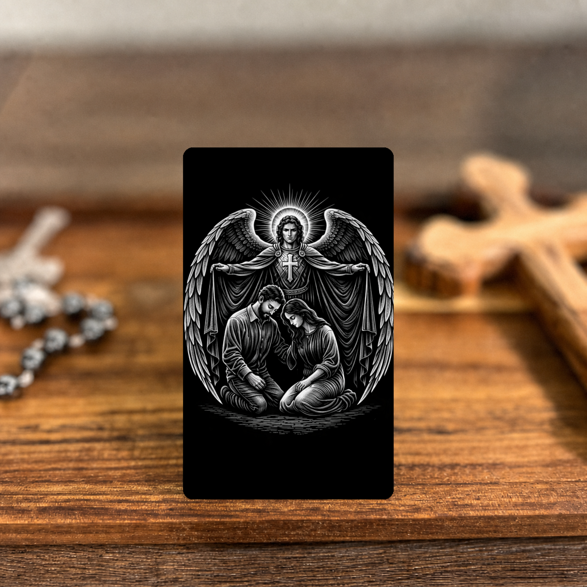 Prayer of Protection premium metal prayer card — clean-edge warm devotional mockup
