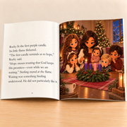 Open-book mockup of Rocky interior pages 14–15, first Advent candle