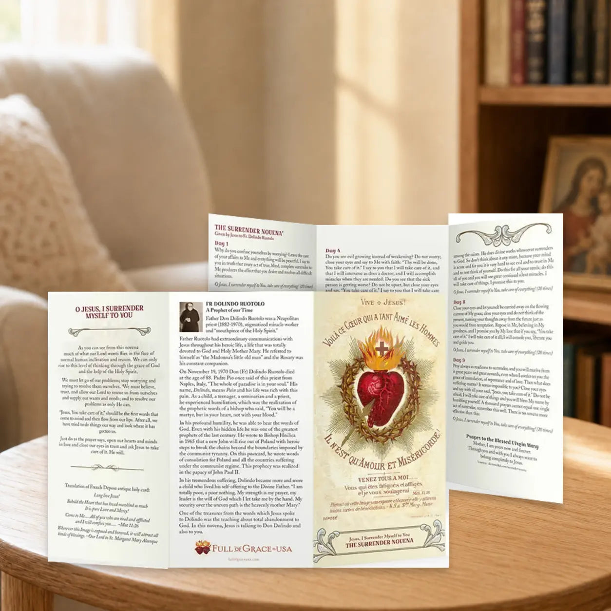 Surrender Novena prayer card displayed in a warm Catholic reading area