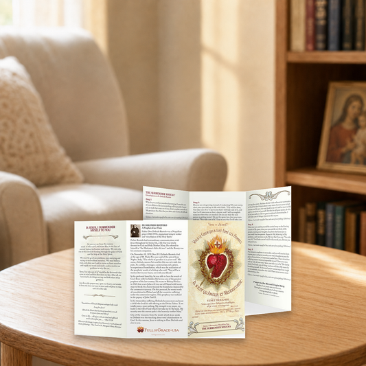 Surrender Novena prayer card displayed in a warm Catholic reading area