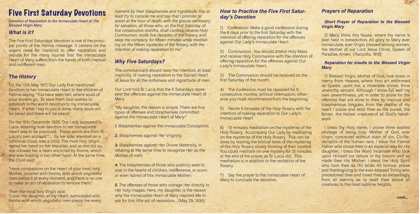 NEW! 5 First Saturday Devotions - Prayer Card / 3" x 6" folded
