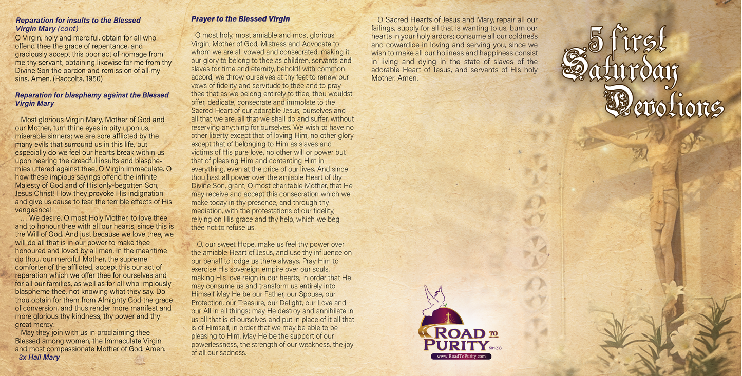 NEW! 5 First Saturday Devotions - Prayer Card / 3" x 6" folded